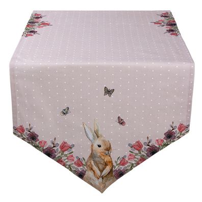 Clayre & Eef Tischläufer 50x160 cm Beige Rosa Baumwolle Kaninchen Blumen