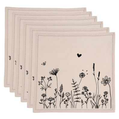 Clayre & Eef Servietten Baumwolle 6er Set 40x40 cm Beige Schwarz Baumwolle Blumen