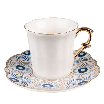 Clayre & Eef Tasse mit Untertasse 95 ml Weiß Blau Porzellan