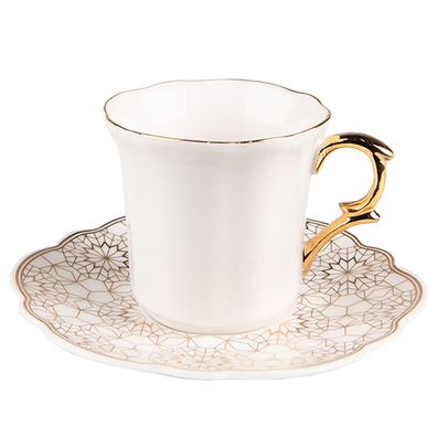 Clayre & Eef Tasse mit Untertasse 95 ml Weiß Goldfarbig Porzellan