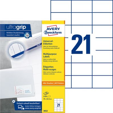 Avery Zweckform® 3652 3652 Universal-Etiketten ultragrip - 70 x 42,3 mm, weiß,