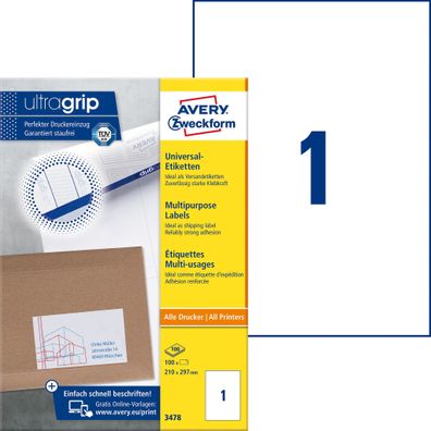 Avery Zweckform® 3478 3478 Universal-Etiketten ultragrip - 210 x 297 mm, weiß,