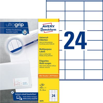 Avery Zweckform® 3475 3475 Universal-Etiketten ultragrip - 70 x 36 mm, weiß, 2.400