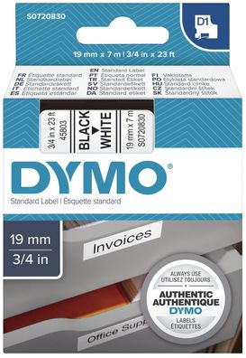 Dymo® S0720830 Schriftband D1 Kunststoff - laminiert, 7 m x 19 mm, Schwarz/Weiß