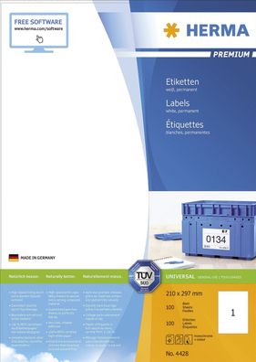 Herma 4428 Etiketten Premium A4, weiß 210x297 mm Papier matt 100 St