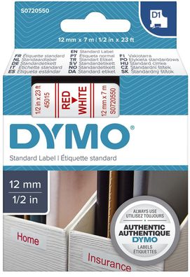 Dymo® S0720550 Schriftband D1 Kunststoff - laminiert, 7 m x 12 mm, Rot/Weiß