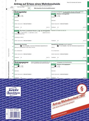 Avery Zweckform® 2887 Mahnbescheid, DIN A4, selbstdurchschreibend, 1 Satz, grün