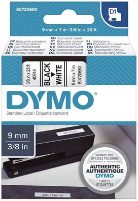 Dymo® S0720680 Schriftband D1 Kunststoff - laminiert, 7 m x 9 mm, Schwarz/Weiß