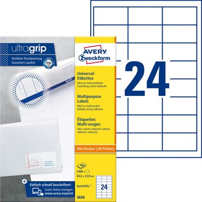 Avery Zweckform® 3658 3658 Universal-Etiketten ultragrip - 64,6 x 33,8 mm, weiß,