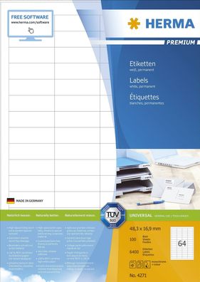 Herma 4271 4271 Etiketten Premium A4, weiß 48,3x16,9 mm Papier matt 6400 St