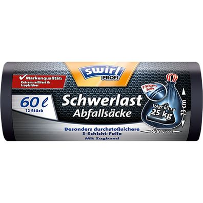 Swirl Profi-Schwerlast-Abfallsäcke 60Liter mit Zugband, (12/Rolle)