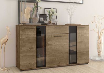 FURNIX Sideboard SARAI mit Schublade 3-türig Anrichte Glastüren140 cm Lefkas