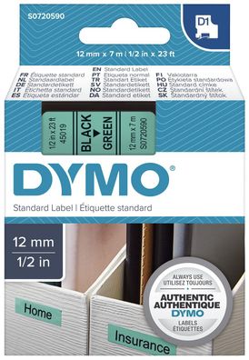 Dymo® S0720590 Schriftband D1 Kunststoff - laminiert, 7 m x 12 mm, Schwarz/Grün