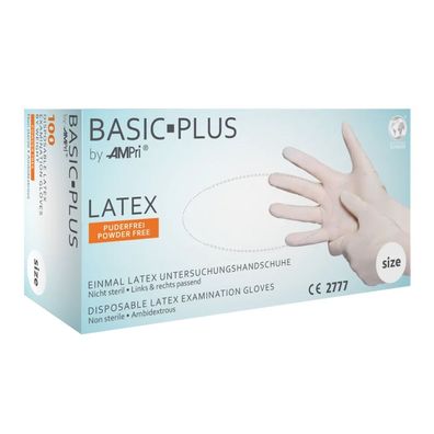 BASIC-PLUS, Latex-Untersuchungshandschuh, puderfrei, weiß, Gr. M | Box (100 Stück)