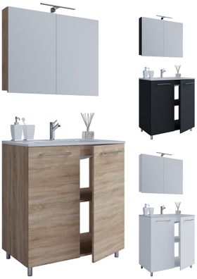 3-tlg. Stand-Waschplatz 60cm 2 Türen · mit Spiegelschrank · 3 Farben