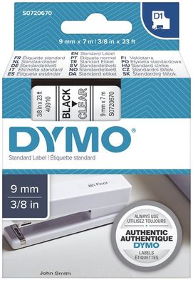 Dymo® S0720670 Schriftband D1 Kunststoff - laminiert, 7 m x 9 mm, Schwarz/Transparent