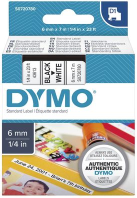 Dymo® S0720780 Schriftband D1 Kunststoff - laminiert, 7 m x 6 mm, Schwarz/Weiß