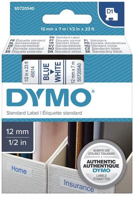 Dymo® S0720540 Schriftband D1 Kunststoff - laminiert, 7 m x 12 mm, Blau/Weiß