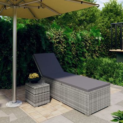 vidaXL Sonnenliege mit Auflage und Teetisch Poly Rattan Grau