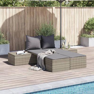 vidaXL Doppel-Sonnenliege mit Kissen Grau Poly Rattan