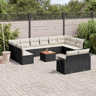 vidaXL 13-tlg. Garten-Sofagarnitur mit Kissen Schwarz Poly Rattan