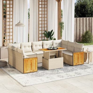 vidaXL 10-tlg. Garten-Sofagarnitur mit Kissen Beige Poly Rattan