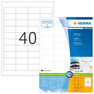 Herma 4474 4474 Etiketten Premium - 48,5 x 25,4 mm, weiß, matt, Rand, 4000 Stück