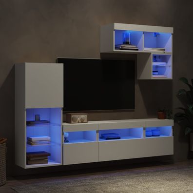 vidaXL 6-tlg. Wohnwand mit LED-Beleuchtung Weiß Holzwerkstoff