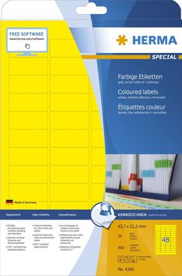 Herma 4366 Etiketten gelb 45,7x21,2 20 Blatt DIN A4 960 Stück