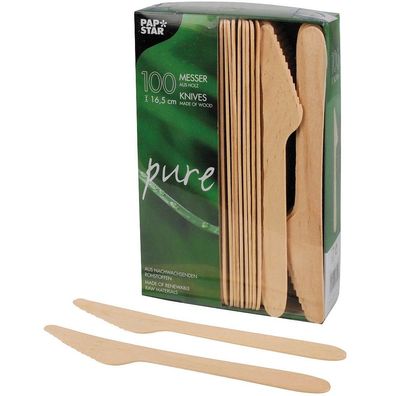 PapStar 18200 Einweg Messer Holz Pure - 16,5 cm, 100 Stück, kompostierbar