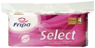 Fripa 1040801 Toilettenpapier Select - 4-lagig, geprägt, hochweiß, 8 Rollen à 160