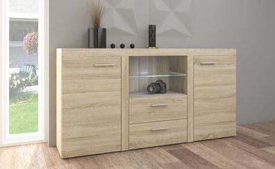 FURNIX Sideboard Alvor mit 2 Schubladen und Glasvitrine 2F2S 156,4cm Eiche Sonoma