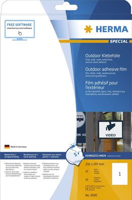 Herma 9500 Etiketten A4 Outdoor Klebefolie weiß 210x297 mm Folie matt 10 St