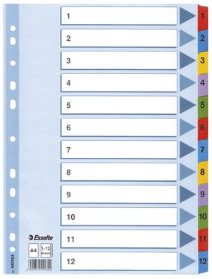 Esselte 100162 Zahlenregister - 1-12, Karton, A4, 12 Blatt, weiß, farbige Taben