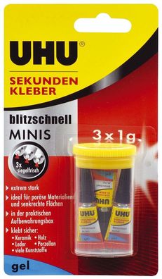 UHU® 45370 Sekundenkleber blitzschnell MINI Gel - 3x 1 g