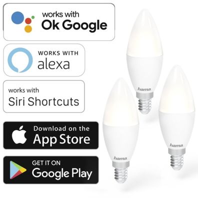 Hama 3x WLAN LEDLampe E27 5,5W 40W Kerze Dimmbar AppSteuerung für Alexa Google