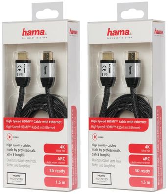 2x PACK Hama HQ HDMIKabel 1,5m 2.0b Gewebe Vergoldet 4K UHD HD TV HDR 3D ARC 3D