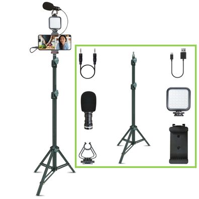 XQISIT Kit LED-Licht + Mikrofon + Stativ Fotolicht Studio-Licht Lampe Selfie