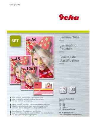 Geha Set 100x Laminierfolien DIN A4 A5 10x15cm Visitenkarten Laminiertaschen