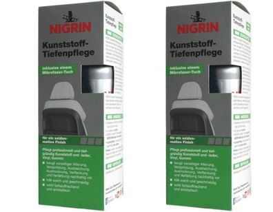 2x Nigrin Kunststoff Tiefenpflege Seidenmatt 300ml Spray Pfleger MikrofaserTuch