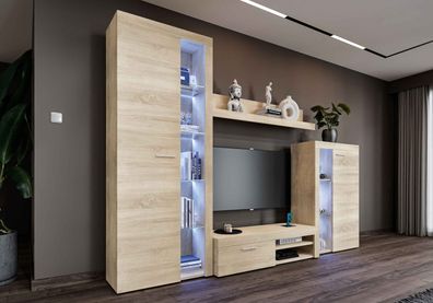 FURNIX Mediawand RIVAY Wohnwand TV-Lowboard Highboard Vitrine 4-tlg 270 cm Sonoma