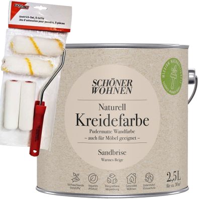 2,5L Schöner Wohnen Naturell Kreidefarbe Sandbrise, Warmes Beige + Farbroller-Set 5-t