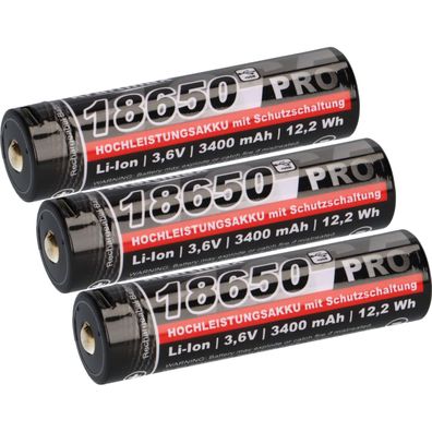 3x Kraftmax 18650 Pro Hochleistungsakku Li-Ion 3,6V 3400mAh inkl. Micro-USB Ladebu