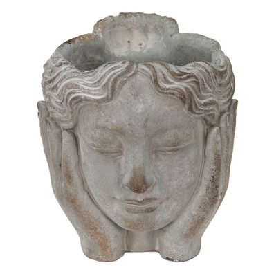 Clayre & Eef Blumentopf Kopf 14x16x17 cm Grau Stein Hände (Gr. 14x16x17 cm)