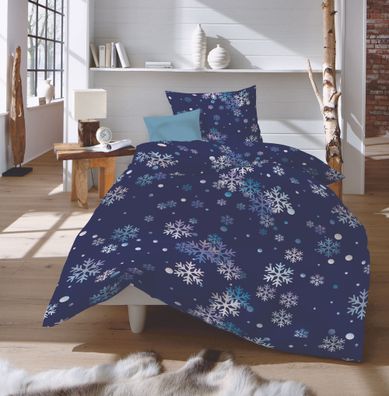 Fleuresse Aspen Biber Bettwäsche 155x220 Eiskristalle Schnee blau 434375-02