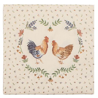 Clayre & Eef Servietten Papier 20er Set 33x33 cm (20) Beige Blau Papier Huhn und Hahn