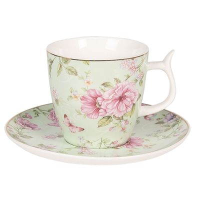 Clayre & Eef Tasse mit Untertasse 160 ml Grün Rosa Porzellan Blumen