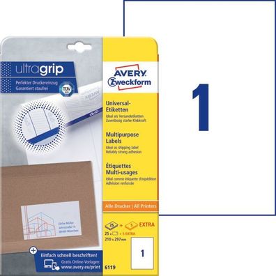 Avery Zweckform® 6119 6119 Universal-Etiketten ultragrip - 210 x 297 mm, weiß, 30