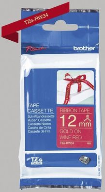 Brother TZe-RW34 textiles Schriftband - 12 mm x 4 m, gold auf weinrot