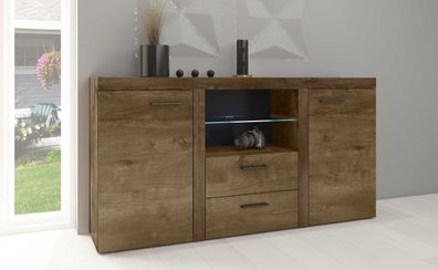 FURNIX Sideboard Alvor mit 2 Schubladen, Glasvitrine 2F2S B156,4 cm Eiche Lefkas